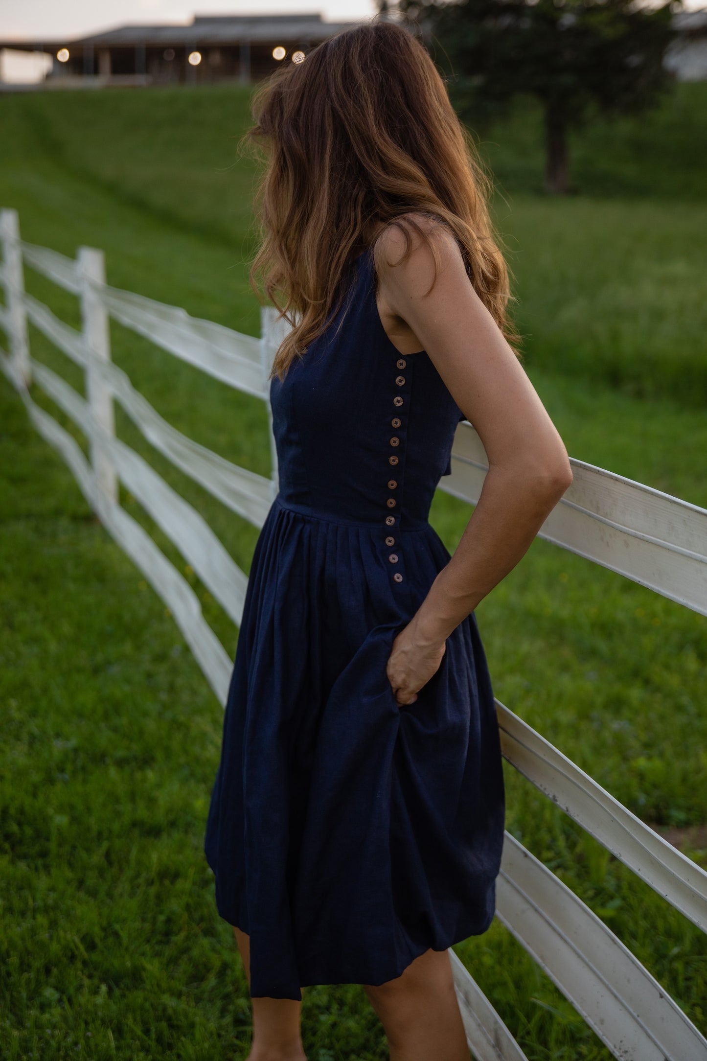Lucy Dress in Navy and Chambray Linen