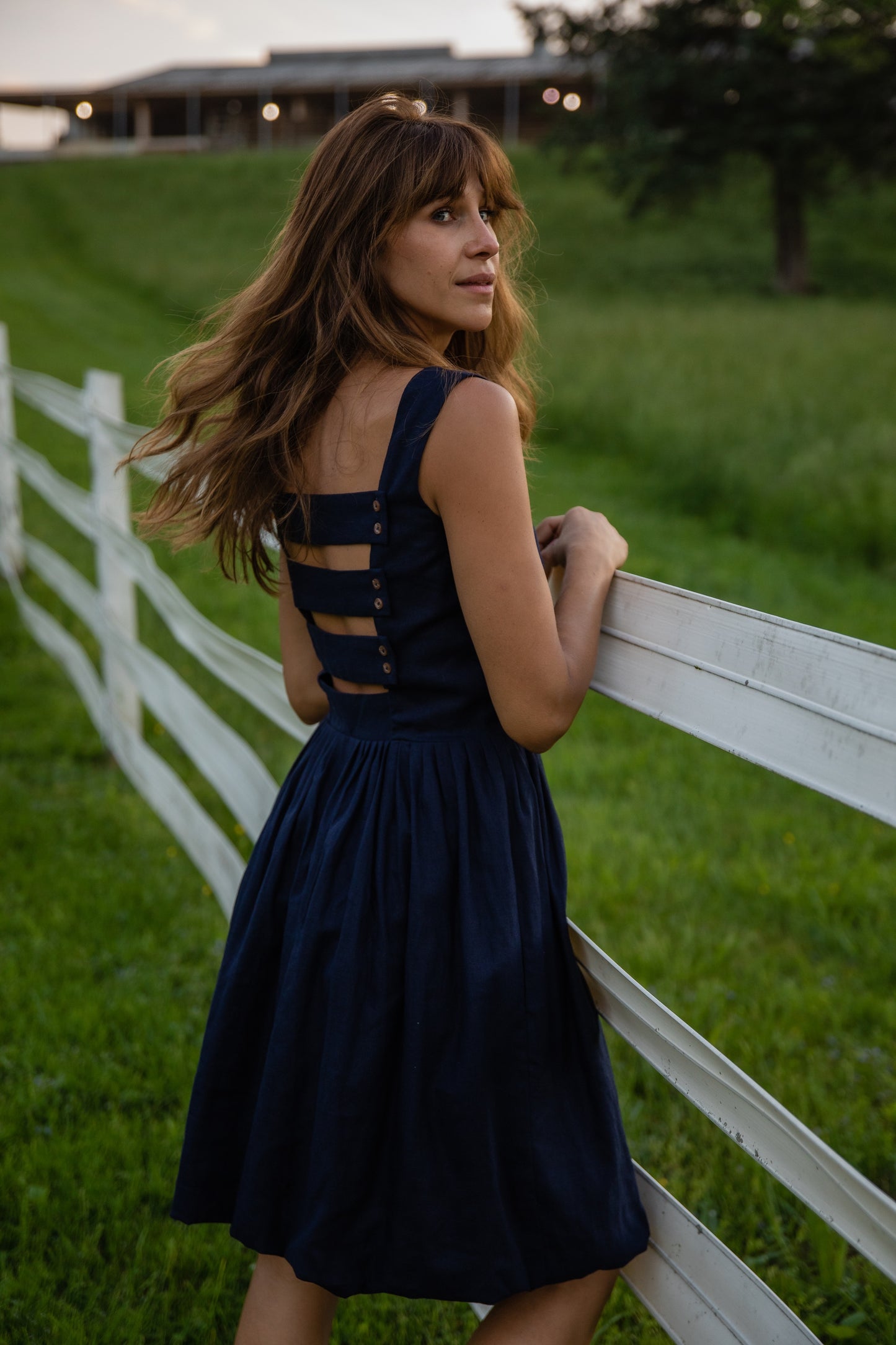 Lucy Dress in Navy and Chambray Linen