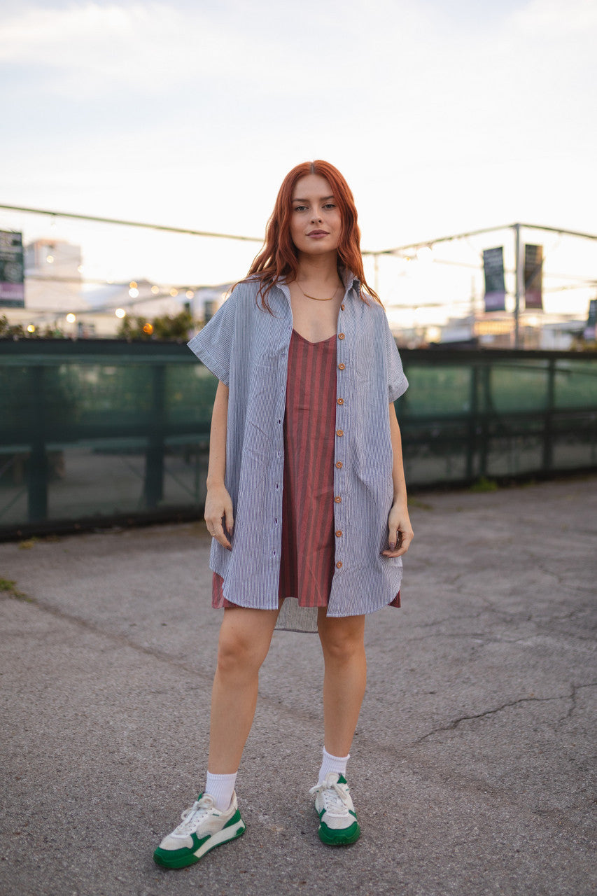 Paige Handwoven Cotton Relaxed Shirt Dress in Blue and White Pin-Stripe Made to Order
