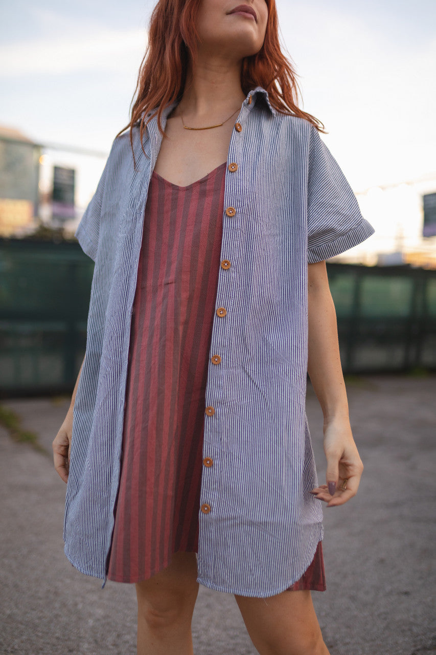 Paige Handwoven Cotton Relaxed Shirt Dress in Blue and White Pin-Stripe Made to Order