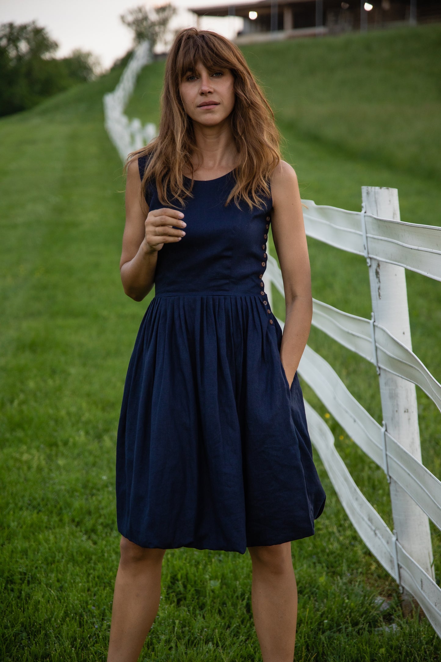 Lucy Dress in Navy and Chambray Linen