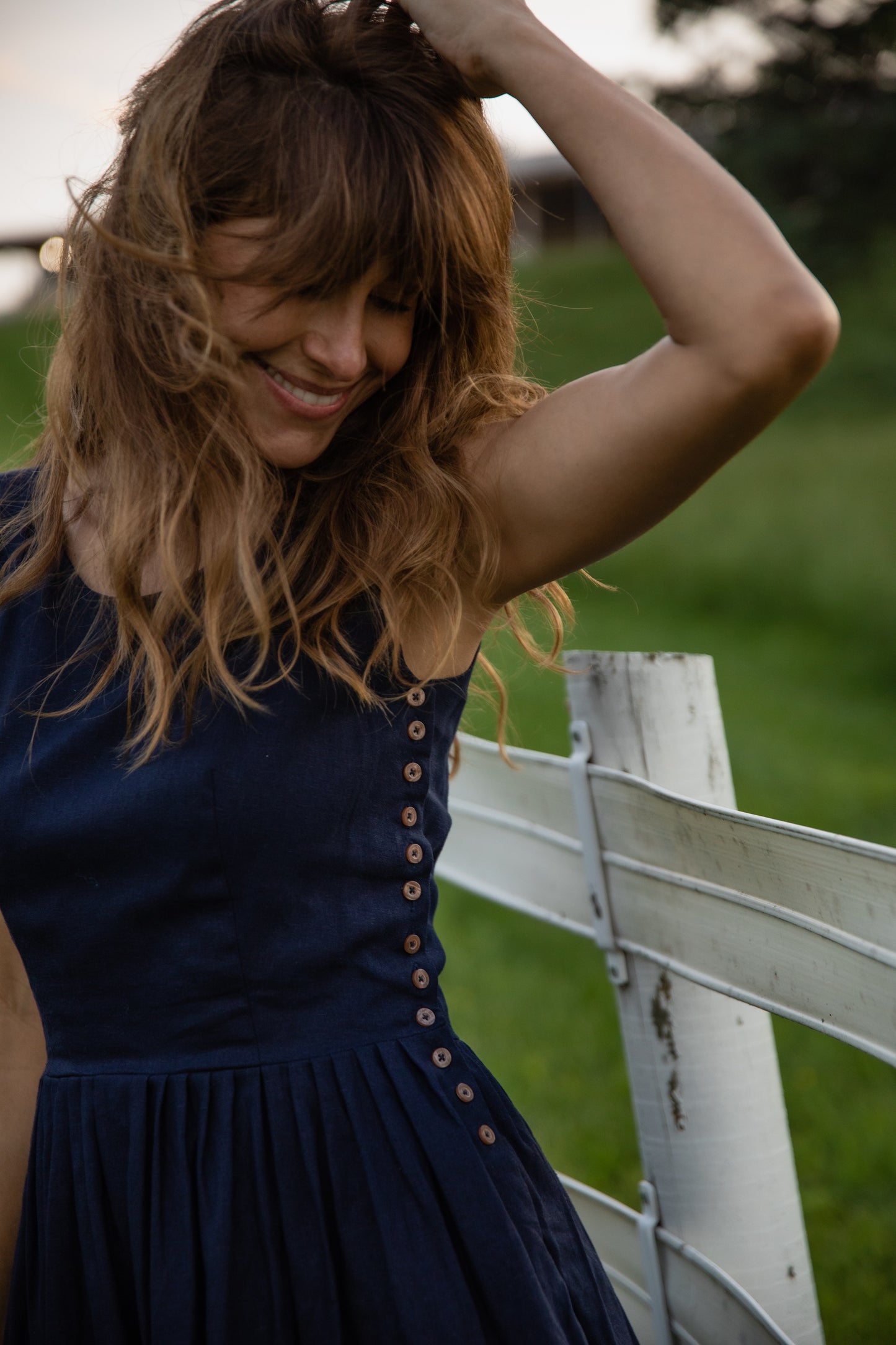 Lucy Dress in Navy and Chambray Linen
