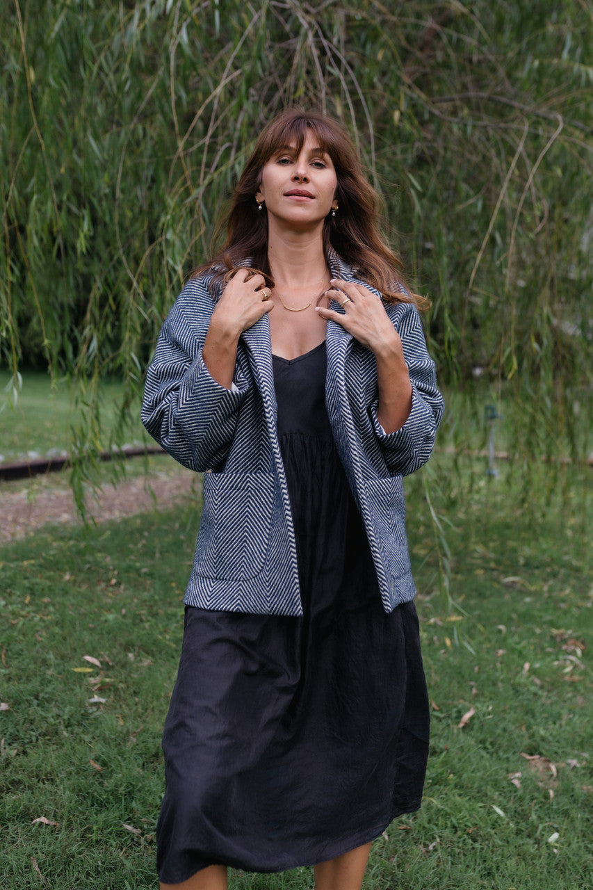 Portuguese Wool Pieper Coat in Navy and Cream Thin Herringbone Made to Order