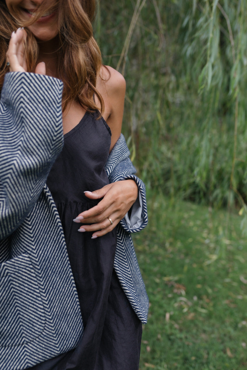 Portuguese Wool Pieper Coat in Navy and Cream Thin Herringbone Made to Order