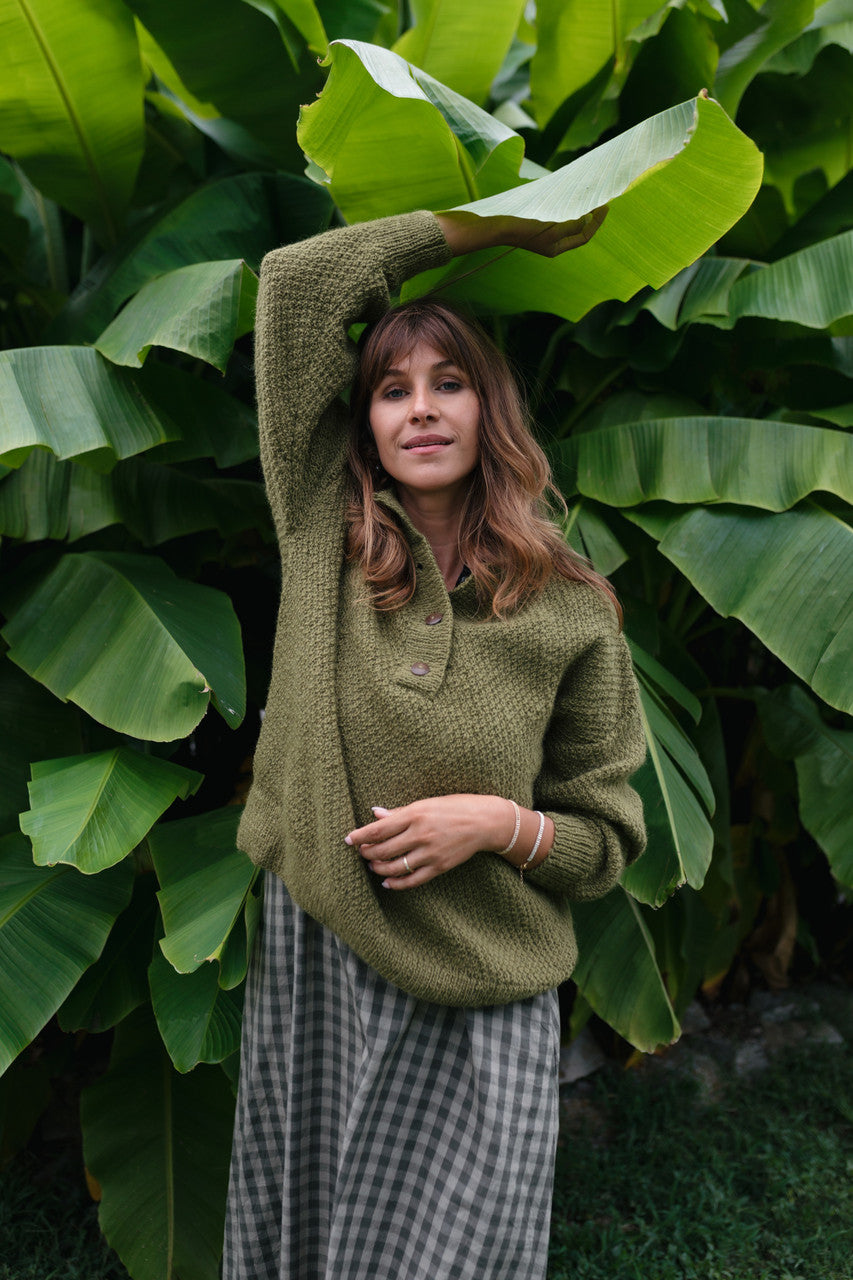 Imogene Oversized Wool Henley in Moss Made to Order