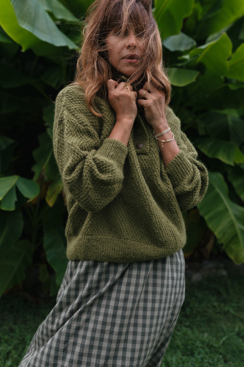 Imogene Oversized Wool Henley in Moss Made to Order