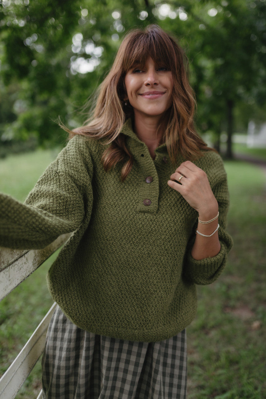 Imogene Oversized Wool Henley in Moss Made to Order