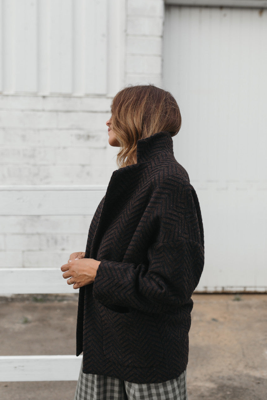 Portuguese Wool Pieper Coat in Black and Brown Herringbone Made to Order