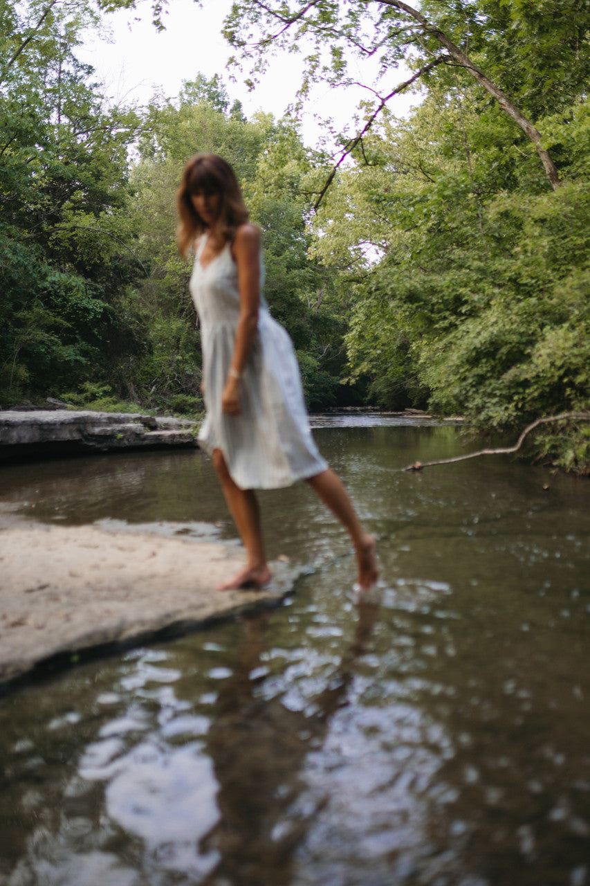 Mia Linen Dress in Green and White Stripe