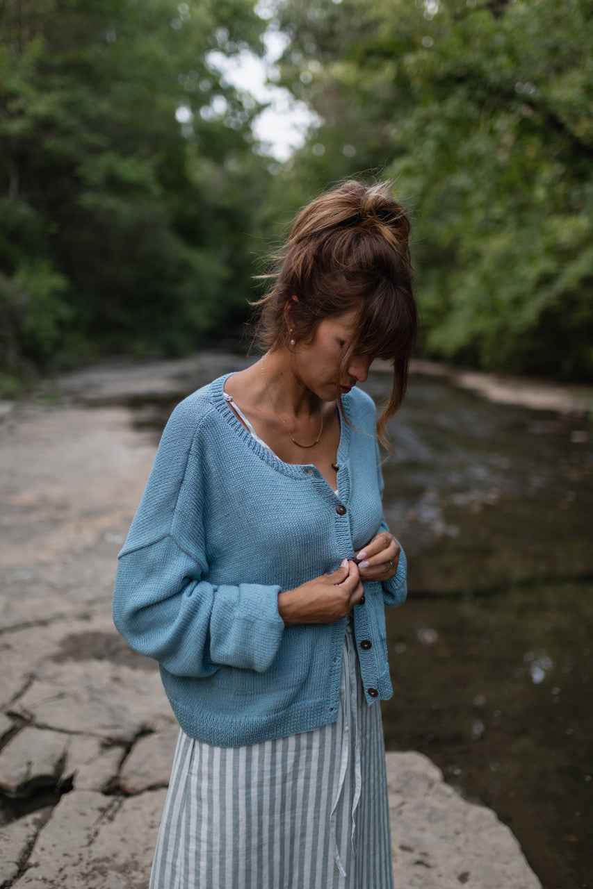 Kim Classic Cotton Cardigan in Light Blue Made to Order