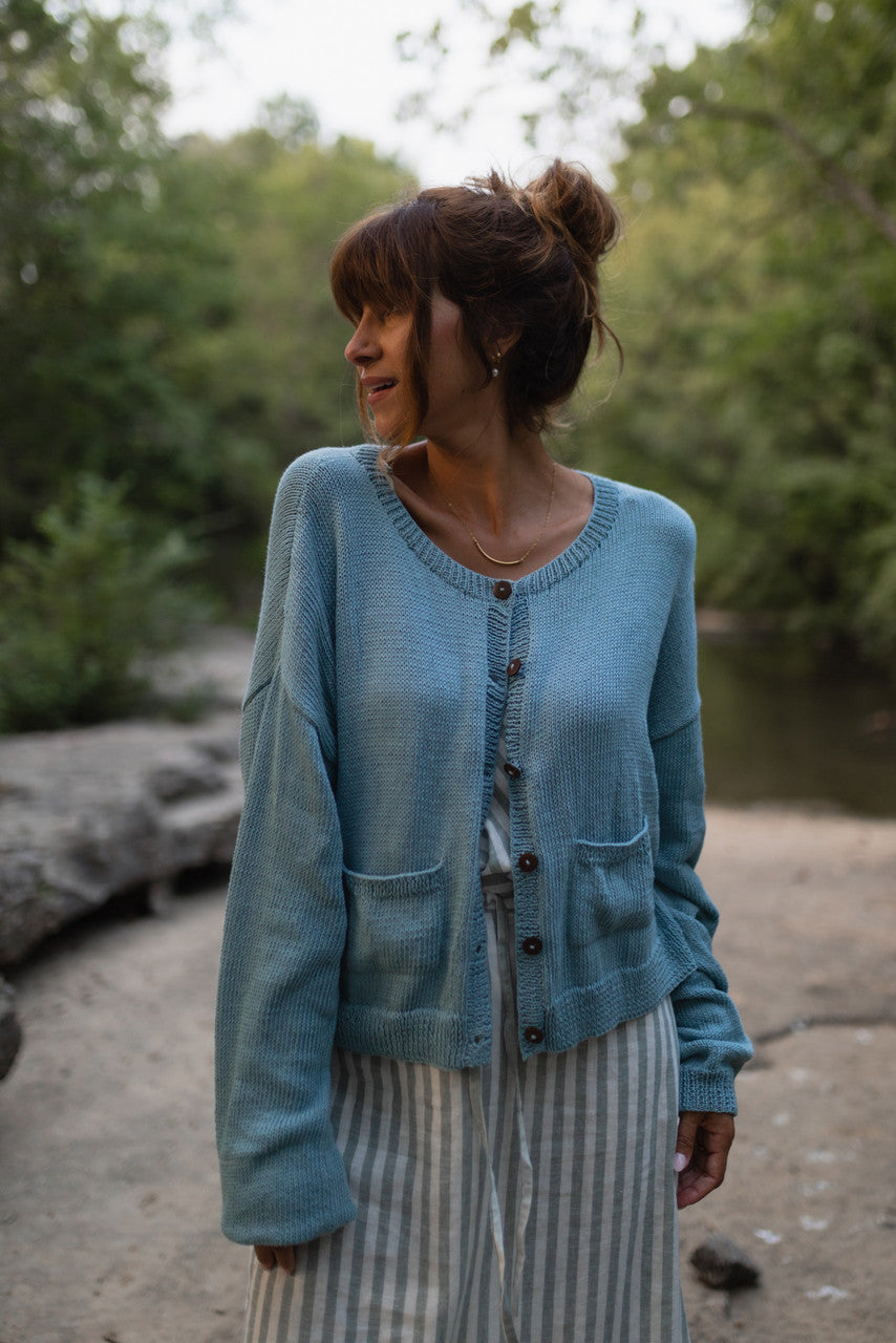 Kim Classic Cotton Cardigan in Light Blue Made to Order