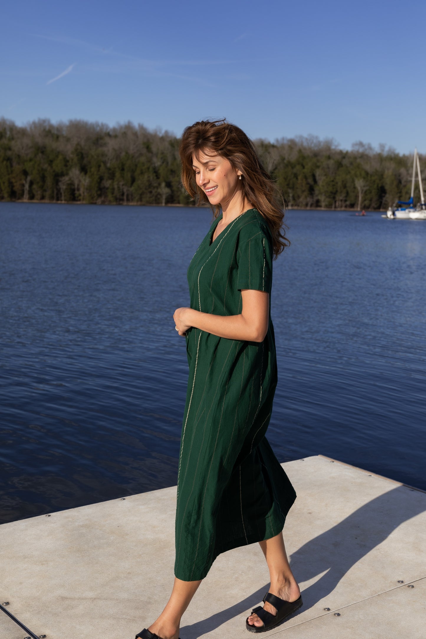 Eloise Handwoven Cotton Dress in Dark Green Made to Order