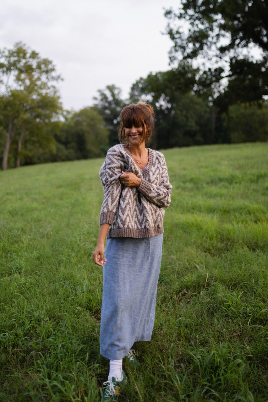 Maeve Textured V Knit Pullover in Green and Beige Made to Order