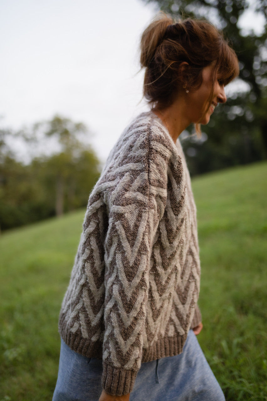 Maeve Textured V Knit Pullover in Green and Beige Made to Order