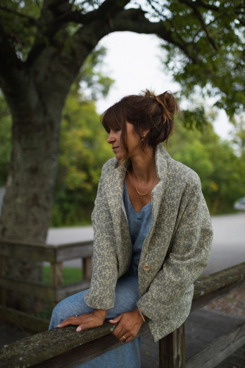 Portuguese Wool Pieper Coat in Light Grey and Cream Lace Weave Made to Order