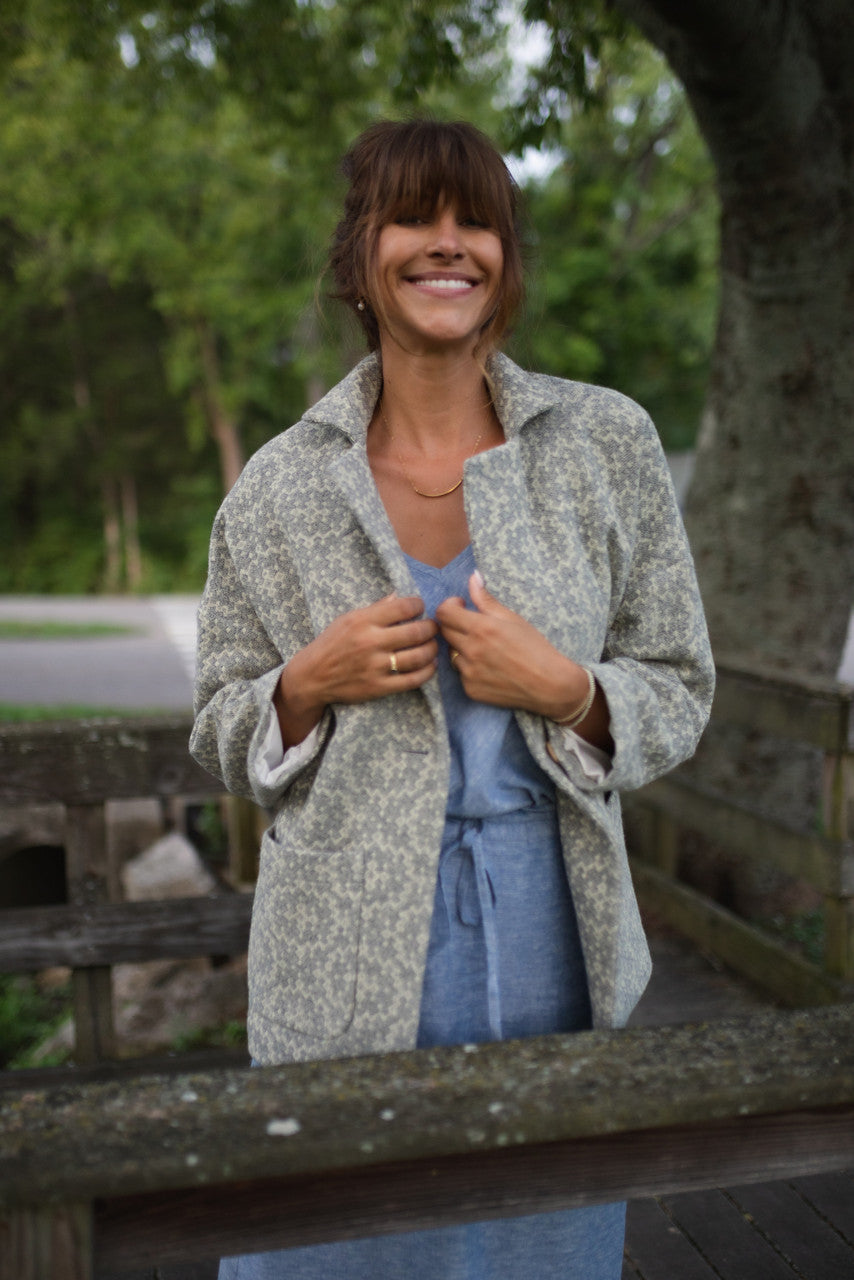 Portuguese Wool Pieper Coat in Light Grey and Cream Lace Weave Made to Order