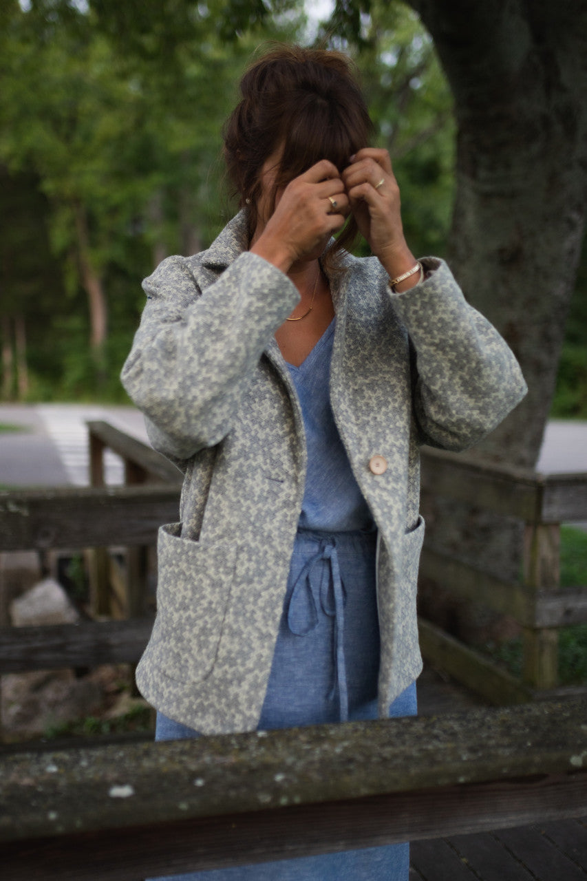 Portuguese Wool Pieper Coat in Light Grey and Cream Lace Weave Made to Order