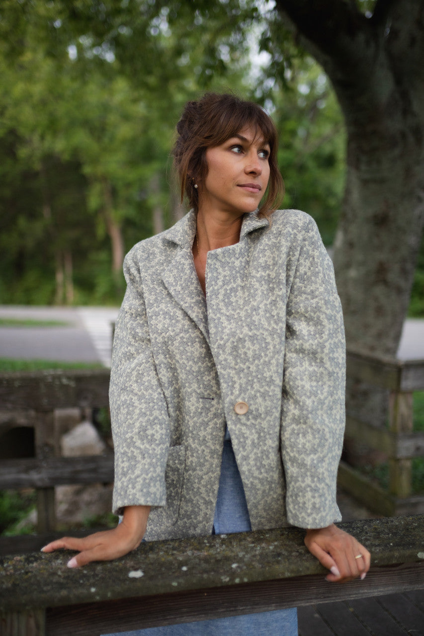 Portuguese Wool Pieper Coat in Light Grey and Cream Lace Weave Made to Order