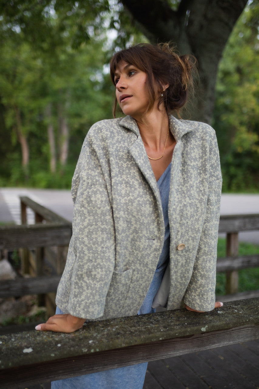 Portuguese Wool Pieper Coat in Light Grey and Cream Lace Weave Made to Order