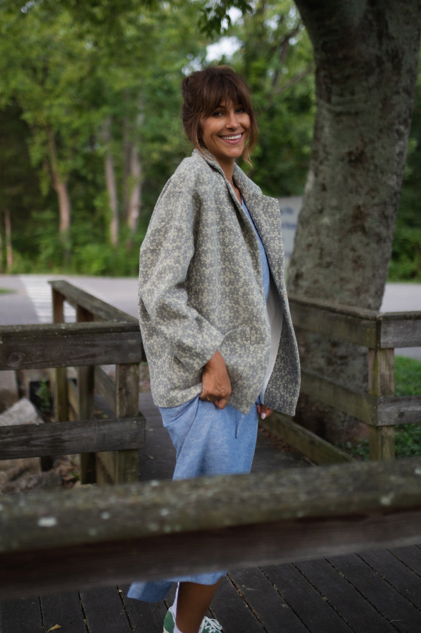 Portuguese Wool Pieper Coat in Light Grey and Cream Lace Weave Made to Order