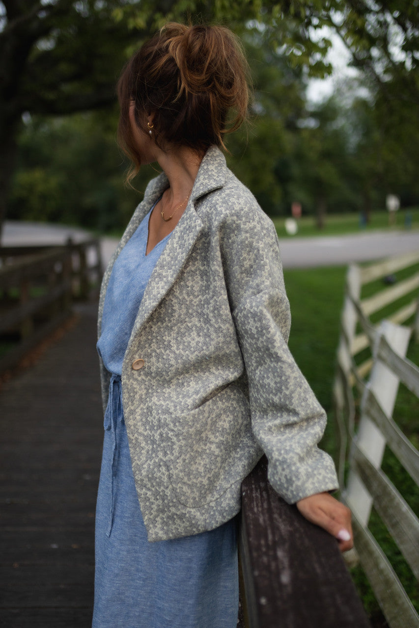 Portuguese Wool Pieper Coat in Light Grey and Cream Lace Weave Made to Order