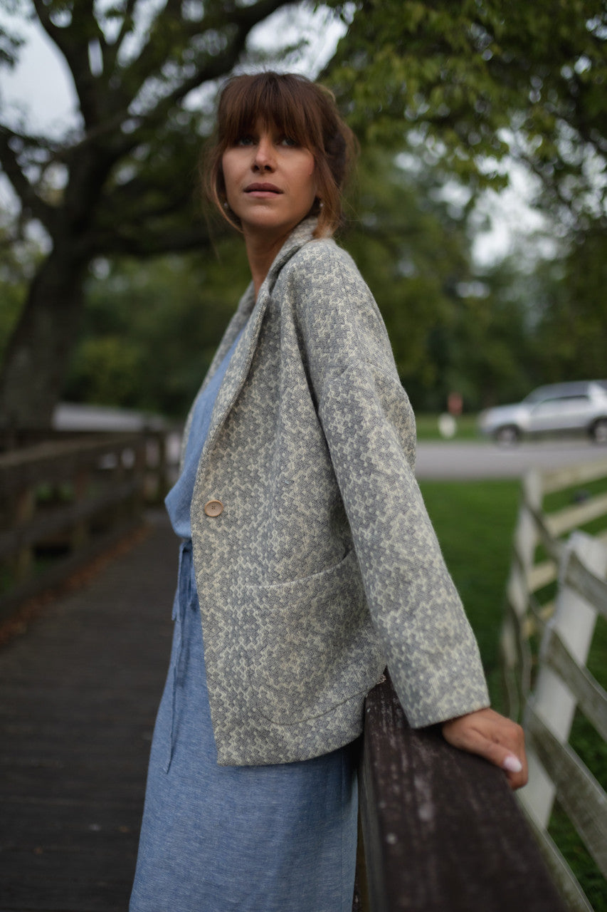 Portuguese Wool Pieper Coat in Light Grey and Cream Lace Weave Made to Order