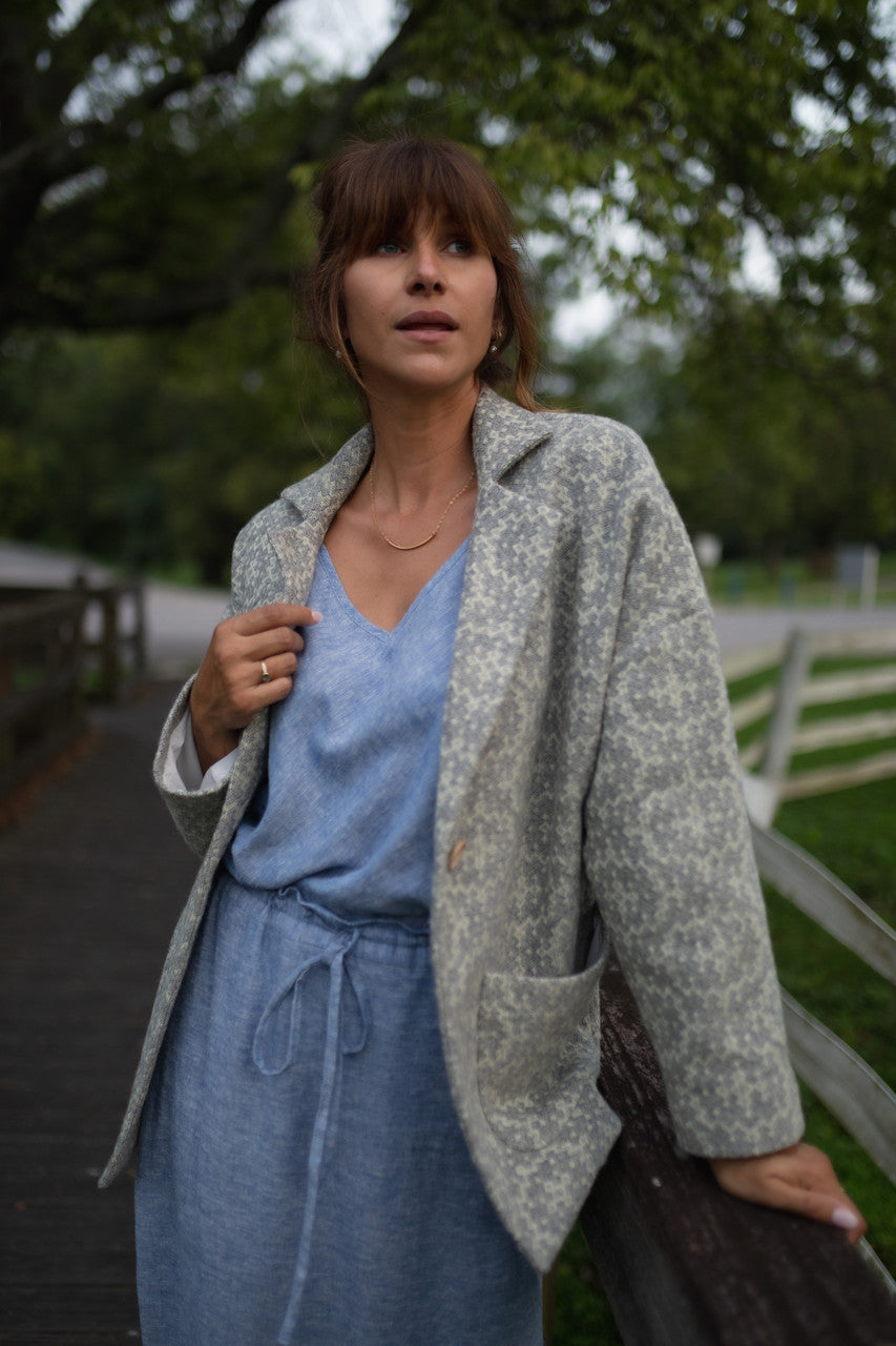 Portuguese Wool Pieper Coat in Light Grey and Cream Lace Weave Made to Order