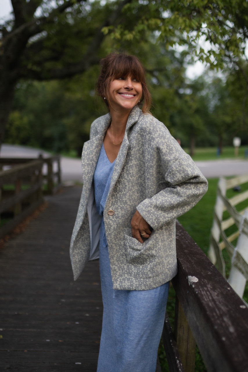 Portuguese Wool Pieper Coat in Light Grey and Cream Lace Weave Made to Order