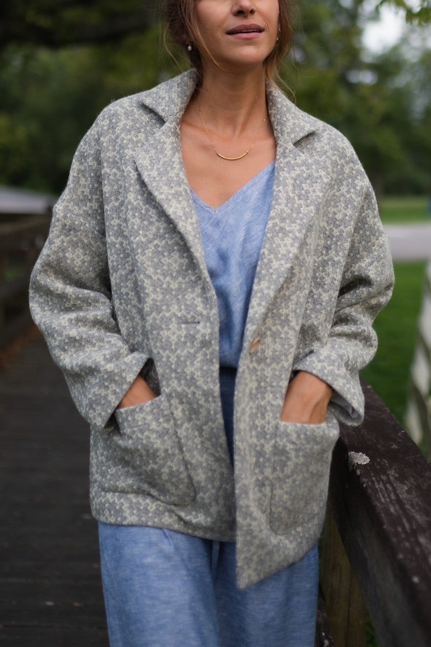 Portuguese Wool Pieper Coat in Light Grey and Cream Lace Weave Made to Order