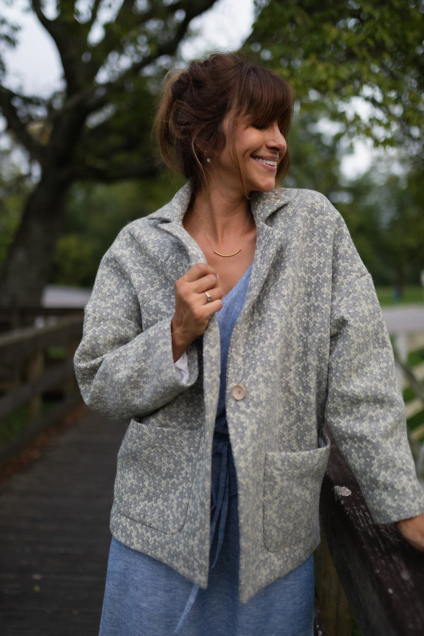 Portuguese Wool Pieper Coat in Light Grey and Cream Lace Weave Made to Order