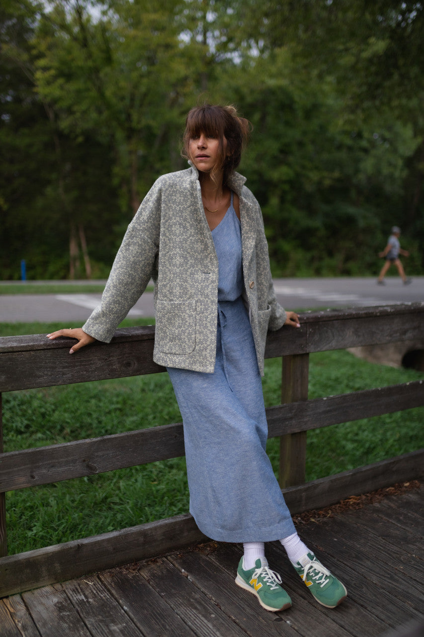 Portuguese Wool Pieper Coat in Light Grey and Cream Lace Weave Made to Order