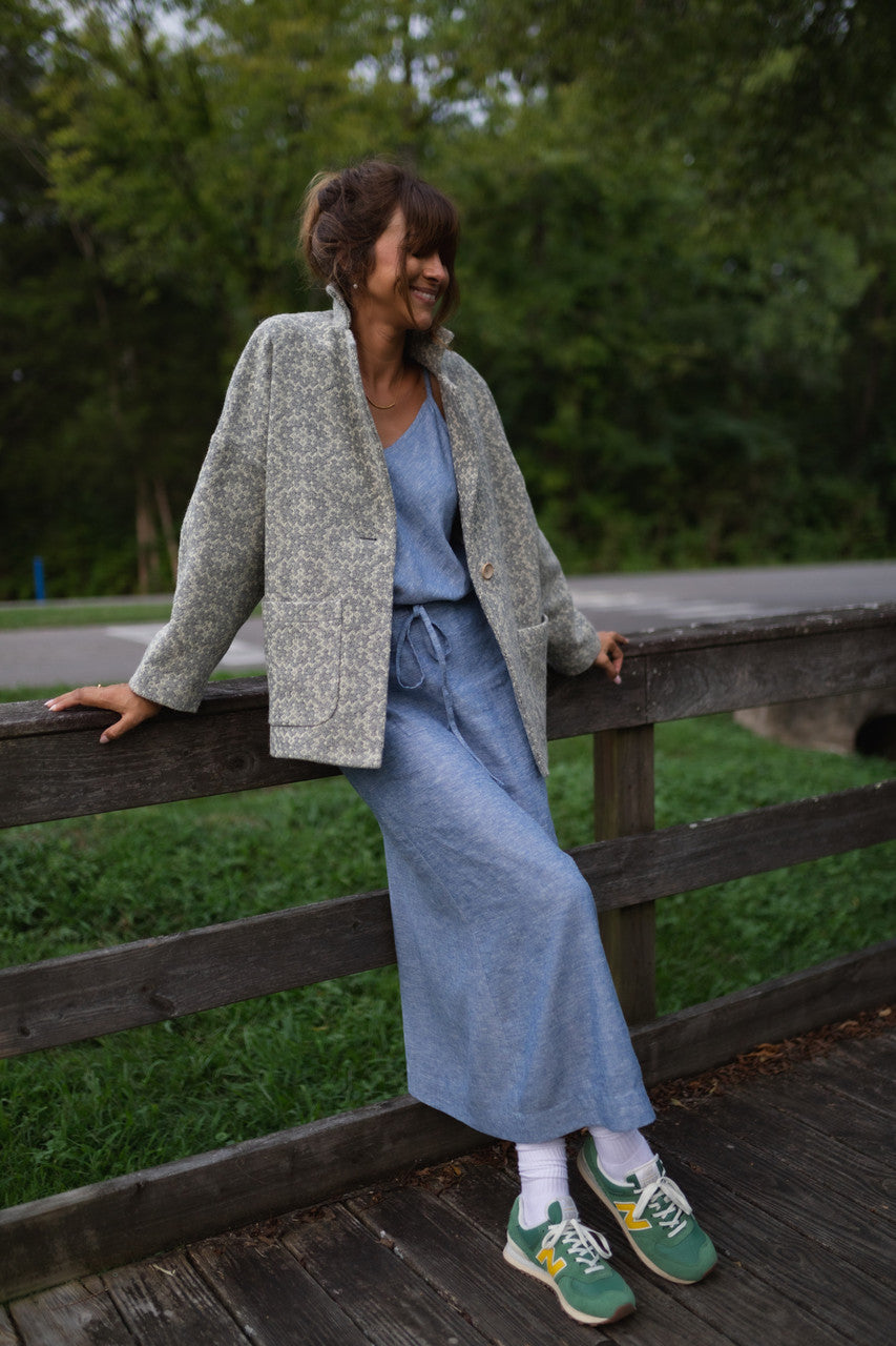 Portuguese Wool Pieper Coat in Light Grey and Cream Lace Weave Made to Order