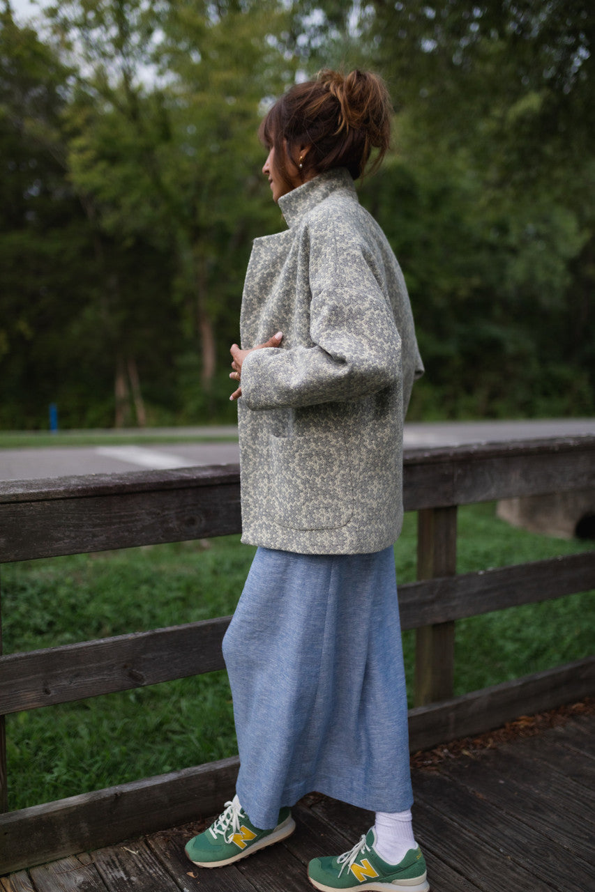 Portuguese Wool Pieper Coat in Light Grey and Cream Lace Weave Made to Order