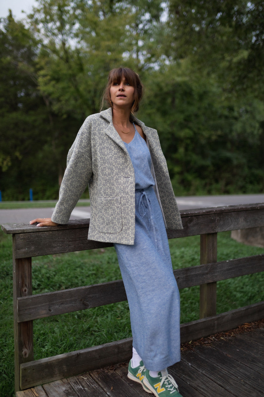 Portuguese Wool Pieper Coat in Light Grey and Cream Lace Weave Made to Order