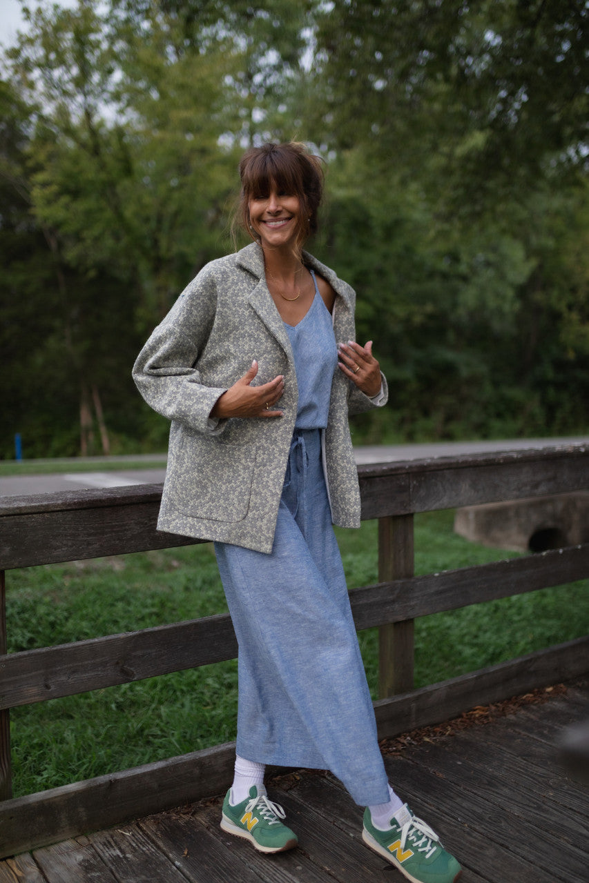 Portuguese Wool Pieper Coat in Light Grey and Cream Lace Weave Made to Order