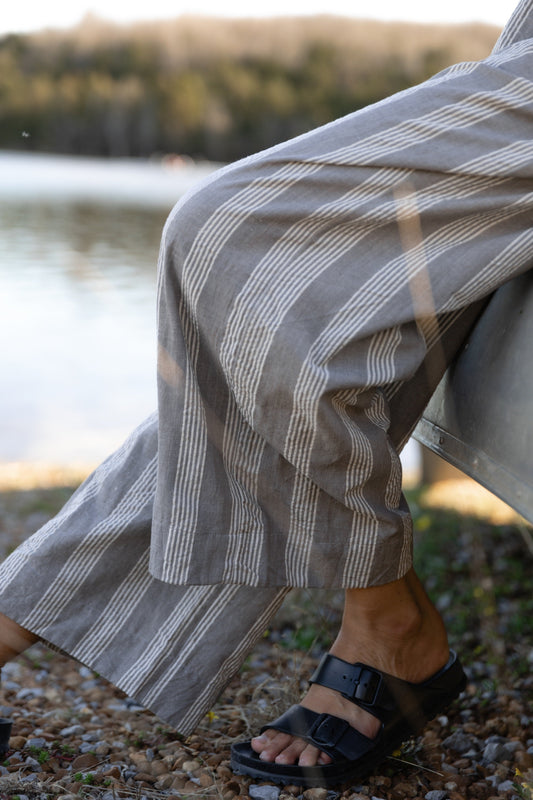 Handwoven Cotton Pants in Grey and White Stripe Made to Order