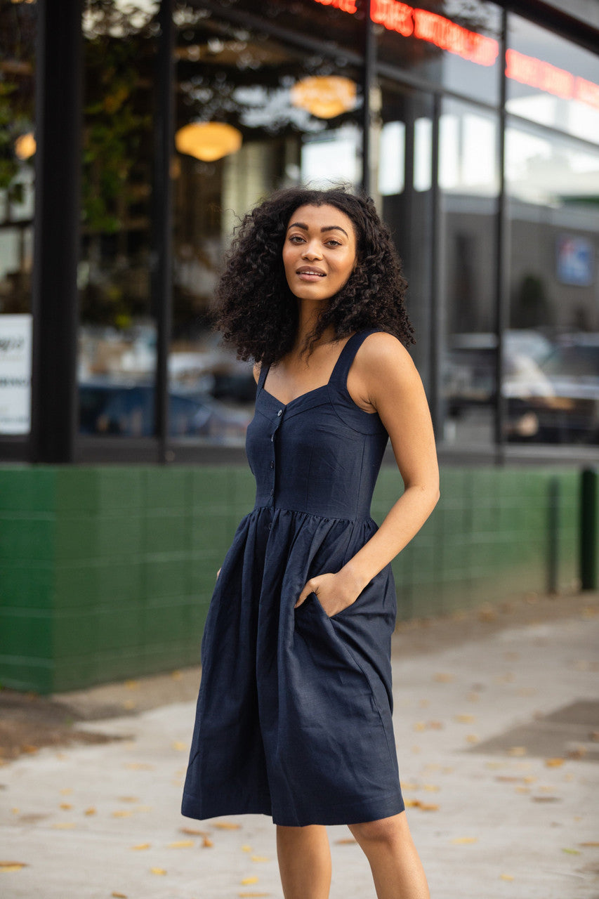 Mia Linen Dress in Navy Made to Order