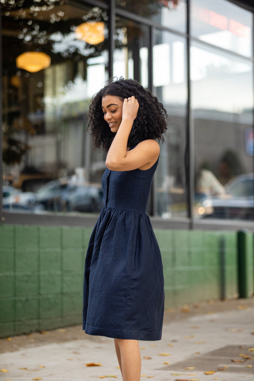 Mia Linen Dress in Grey/Blue Chambray Made to Order