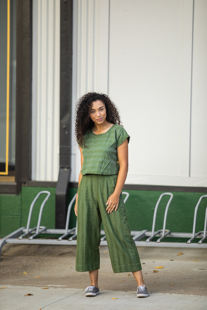 Katie Handwoven Cotton Crop Set in Green Check - S Full Set Left