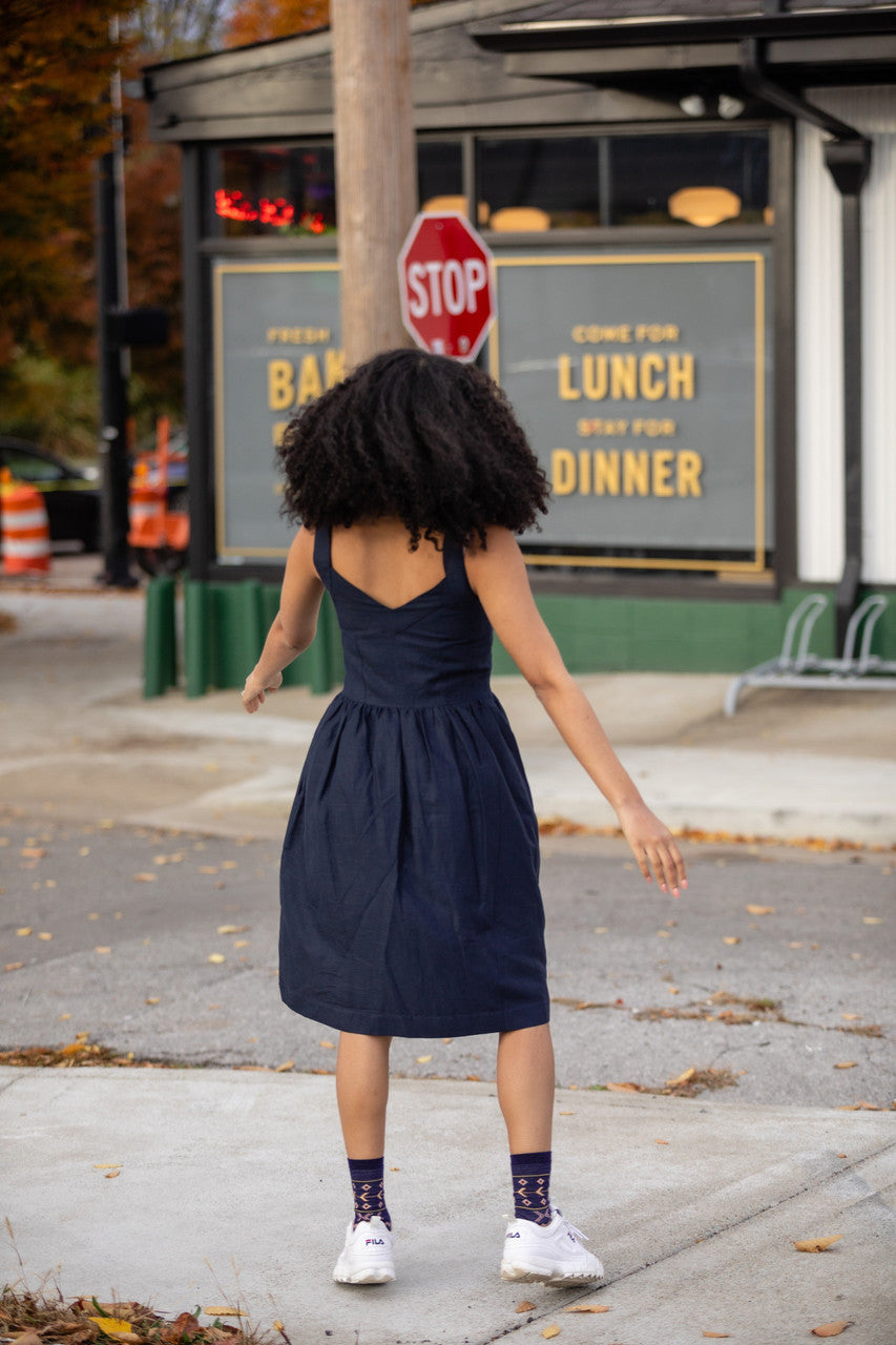 Mia Linen Dress in Navy Made to Order