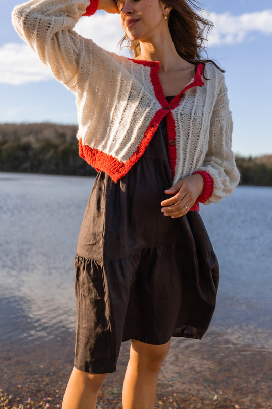 Agnes Mohair Cardigan in Natural White and Red -  XS Left