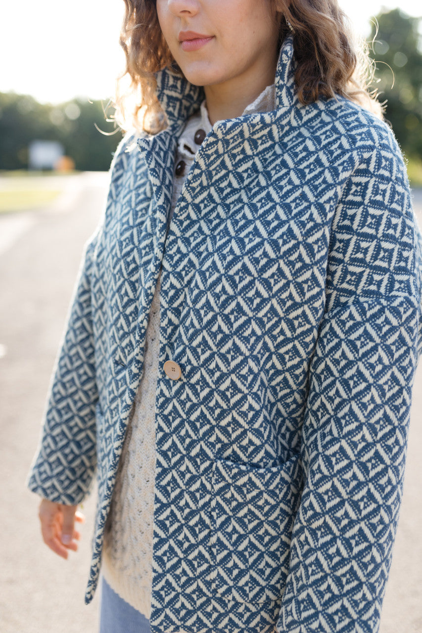 Portuguese Wool Pieper Coat in Midnight Blue Diamond Weave Made to Order