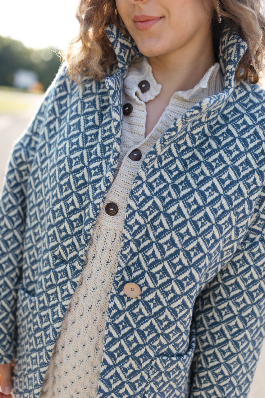 Portuguese Wool Pieper Coat in Midnight Blue Diamond Weave Made to Order