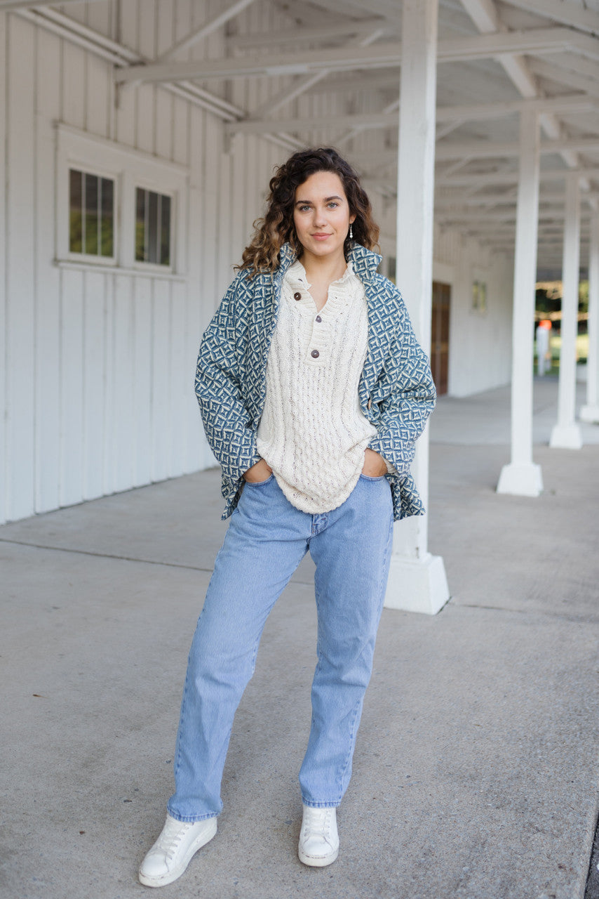 Portuguese Wool Pieper Coat in Midnight Blue Diamond Weave Made to Order