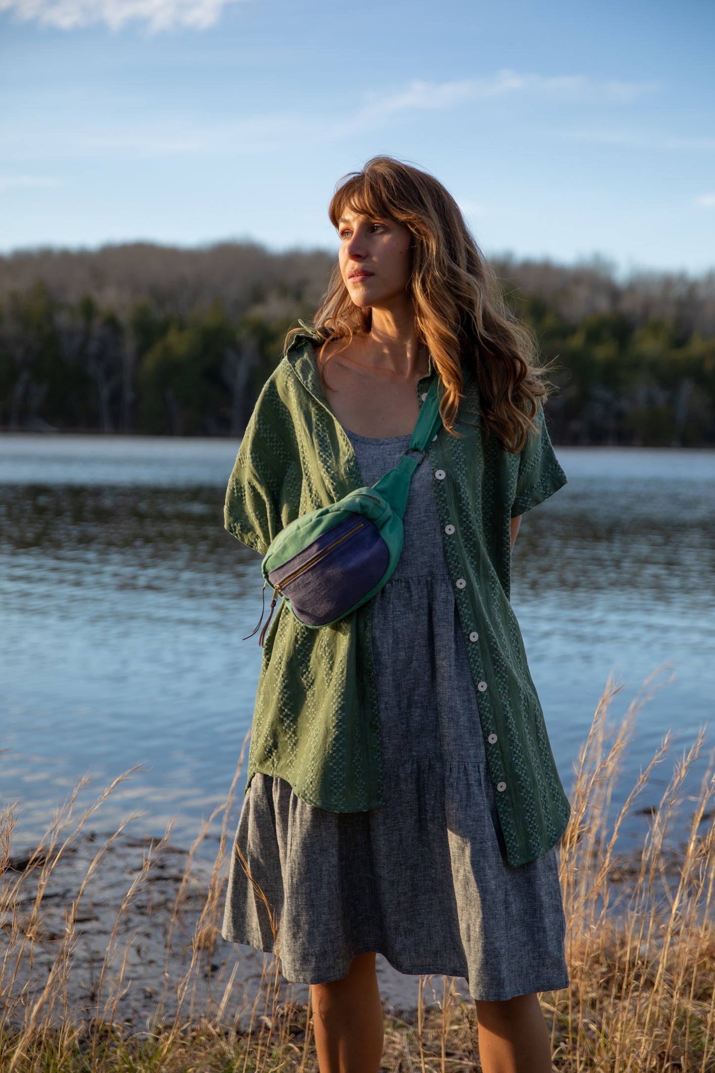 Paige Handwoven Cotton Relaxed Shirt Dress in Green Check Made to Order