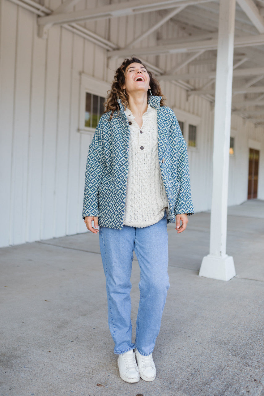 Portuguese Wool Pieper Coat in Midnight Blue Diamond Weave Made to Order
