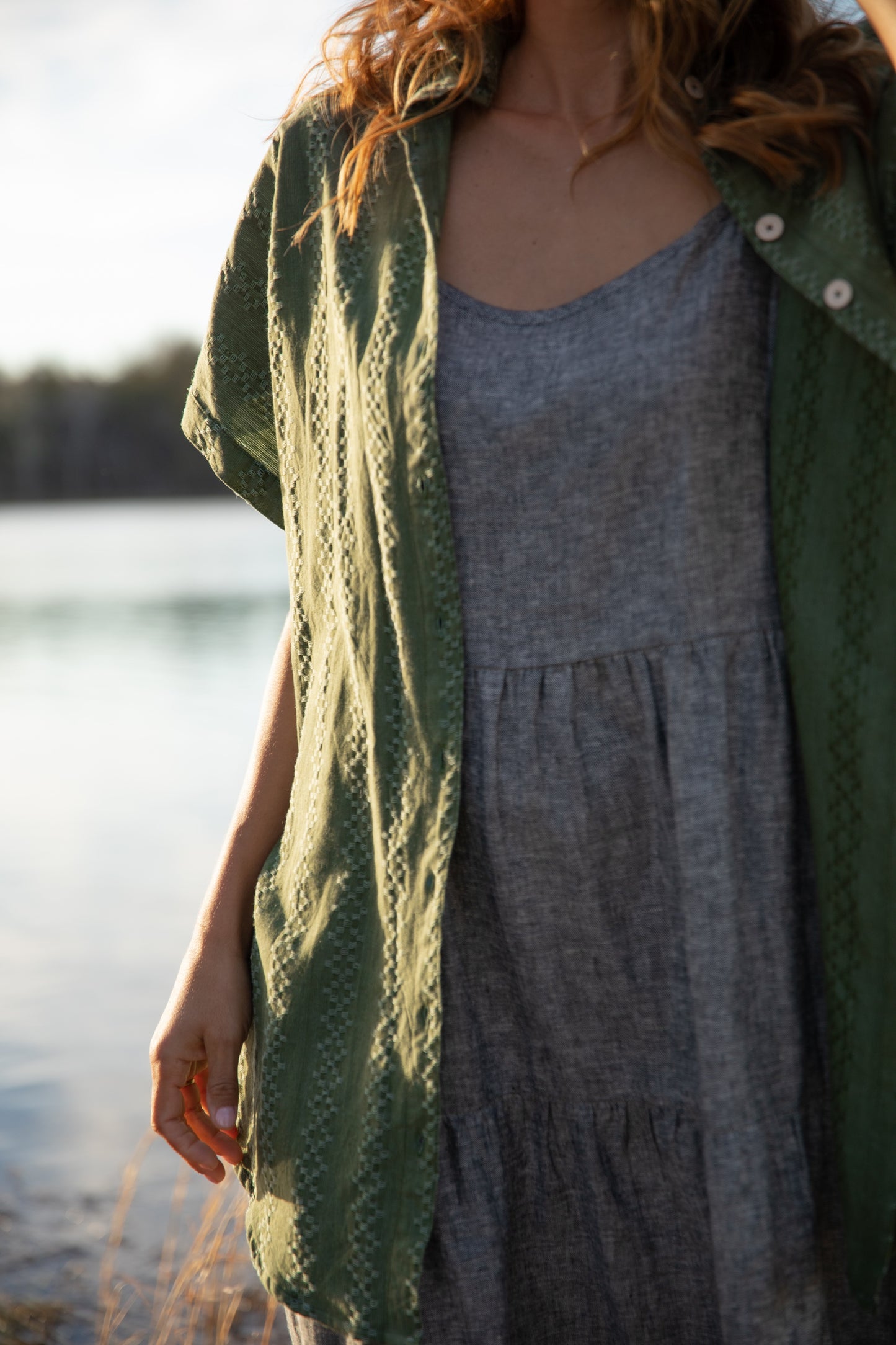 Paige Handwoven Cotton Relaxed Shirt Dress in Green Check Made to Order