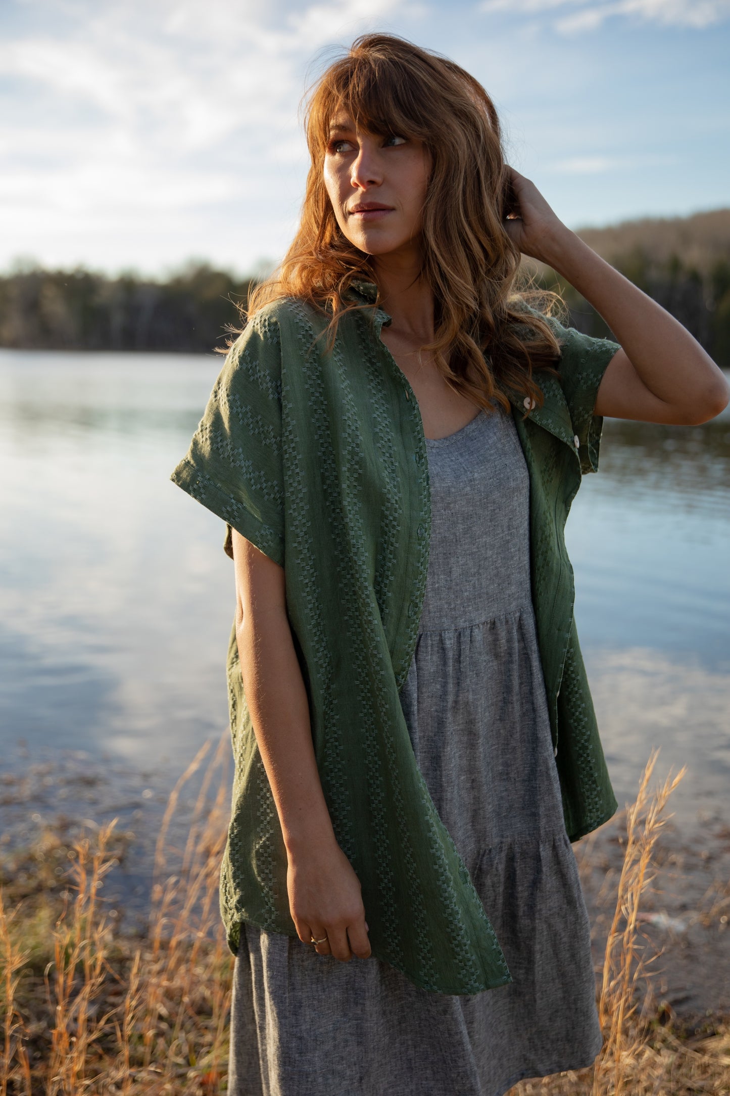 Paige Handwoven Cotton Relaxed Shirt Dress in Green Check Made to Order