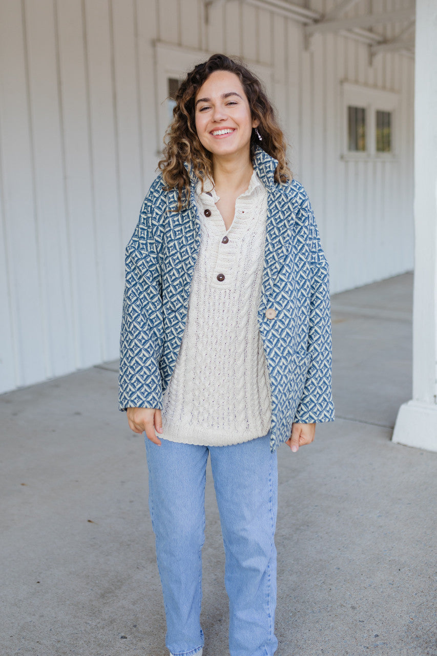 Portuguese Wool Pieper Coat in Midnight Blue Diamond Weave Made to Order
