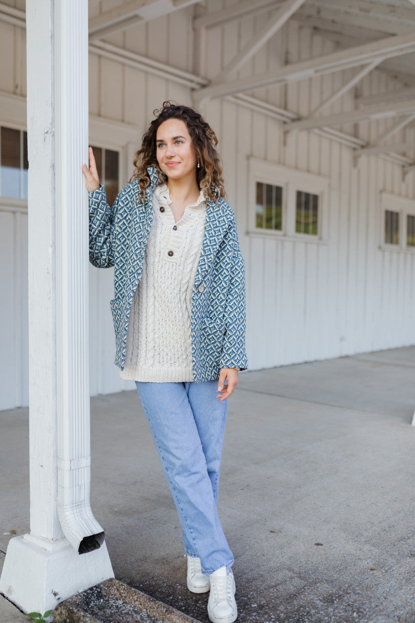 Portuguese Wool Pieper Coat in Midnight Blue Diamond Weave Made to Order